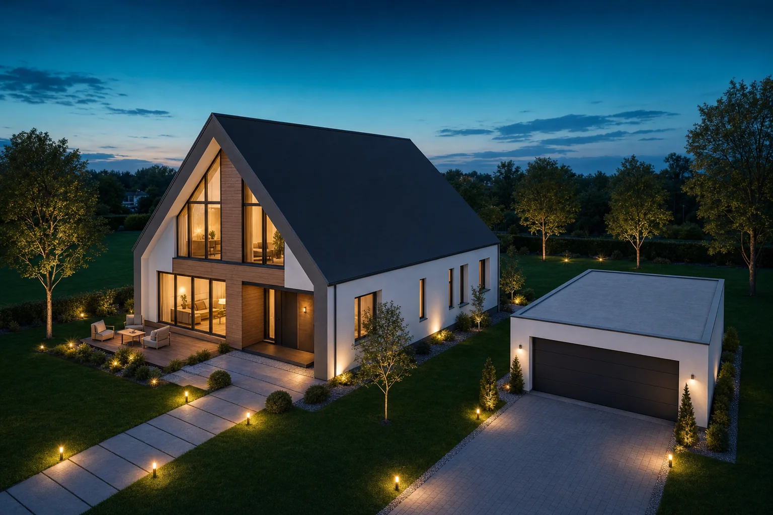 Modernes Haus mit Garage am Abend